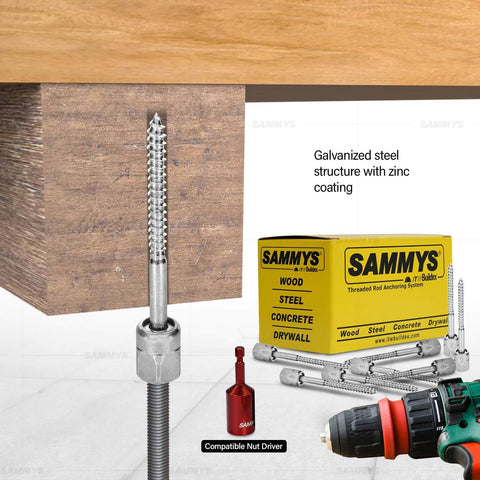 Vertical Threaded Rod Anchor For Wood, Three And One Half Inch Screw, Zinc Finish Steel, Quarter Inch Screw Length shown with drill