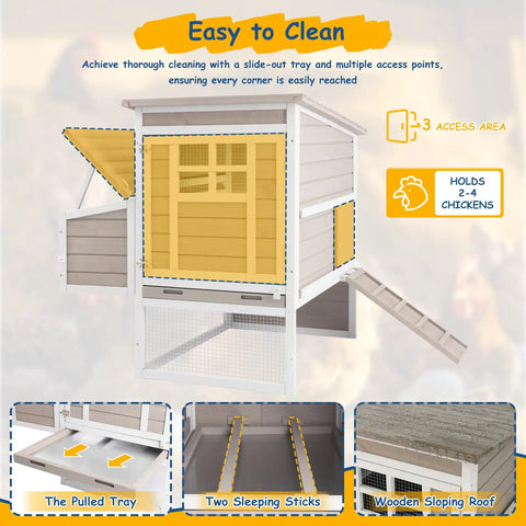 Outdoor Wooden Chicken Coop For Four To Six Chickens With An Elevated Two Tier Hen House Three Compartment Nesting Box Slide Out Tray And Reinforced L Shaped Frame For A Killer Backyard Poultry Setup showing easy clean features