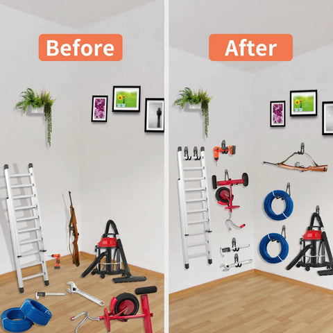 12 Pack Heavy Duty Steel Garage Hooks With Anti Slip Coating Wall Mount Organizer Before and After Tool Storage