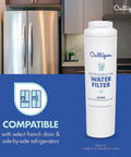 Refrigerator Water Filter Replacement For 4 EDR4RXD1 Easy Install Fits Right In Delivers Fresh Clean Water Right In Long Lasting Filtration 6 Month Pack Of 1 shown next to a stainless steel refrigerator in a kitchen setting.