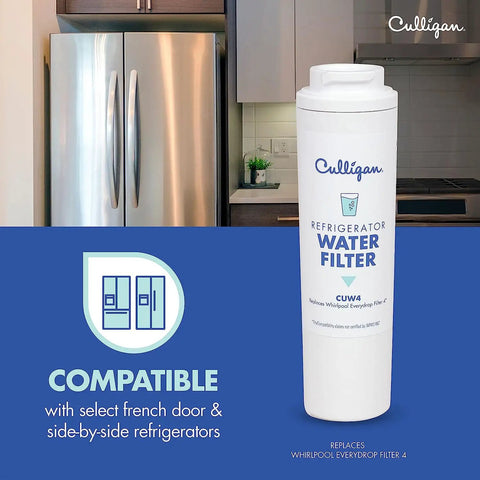Refrigerator Water Filter Replacement For 4 EDR4RXD1 Easy Install Fits Right In Delivers Fresh Clean Water Right In Long Lasting Filtration 6 Month Pack Of 1 shown next to a stainless steel refrigerator in a kitchen setting.