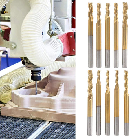 Ten Ti-plated 3-flute end mills with round shanks for wood and acrylic cutting; left shows CNC router in use, right displays bits.