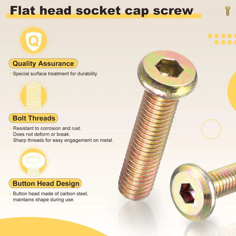 Flat head socket cap screw in carbon steel with hex design, part of Rock Solid Furniture Replacement Screw Set with Killer Barrel Nuts.
