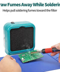 Compact Soldering Fume Extractor That Busts Soldering Smoke With Dual Activated Carbon Filters For PCB Soldering And Electronics Repair Built In Switch Eight Carbon Filters Included Two Stage Airflow Keeps Your Workbench Clean on workbench
