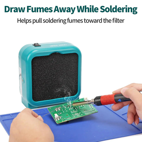 Compact Soldering Fume Extractor That Busts Soldering Smoke With Dual Activated Carbon Filters For PCB Soldering And Electronics Repair Built In Switch Eight Carbon Filters Included Two Stage Airflow Keeps Your Workbench Clean on workbench