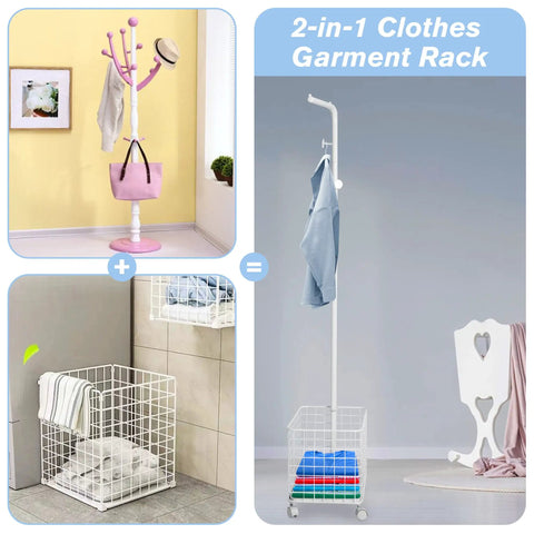 Smooth Rolling Garment Rack With Heavy Duty Hooks And Metal Basket, Versatile Freestanding Clothes Organizer For Entryway Or Laundry Room, Space Savvy White Hanging Rack That Rolls Around Easy
