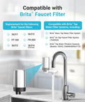Replacement Faucet Water Filter For Brita On Tap Systems, Chrome, shown on a kitchen sink with compatibility details.