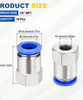 Ten Piece Push To Connect Fittings Set For 0.47 Inch OD Tubing With One Eighth NPT Female Threads Nickel Plated Brass Adapters
