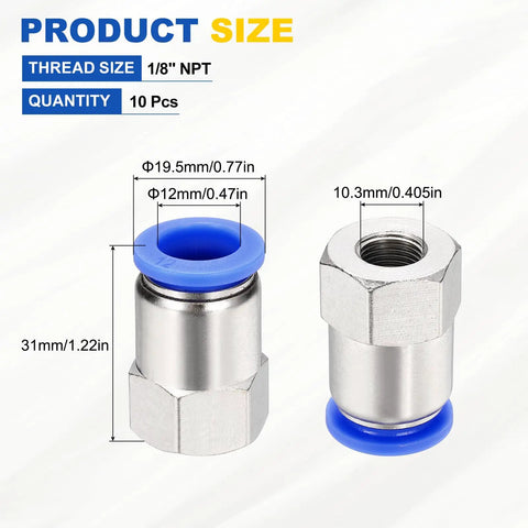 Ten Piece Push To Connect Fittings Set For 0.47 Inch OD Tubing With One Eighth NPT Female Threads Nickel Plated Brass Adapters