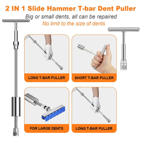 135 Piece Paintless Dent Repair Kit For Cars With T Bar Puller Bridge Puller Golden Lifter And More DIY Car Dent Remover For Door Dings Hail Damage And Body Creases Learn To Fix Scratches At Home With This All In One Auto Body Repair Set, long and short T-bar puller