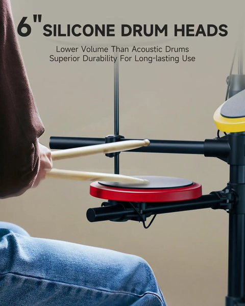 6 inch silicone pad on Kids Electric Drum Set 7 Piece With Quiet Silicone Pads And 9 Inch Cymbals, 150 Sounds And 15 Kits, USB MIDI and Type C charging