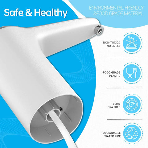 Close-up of 5 Gallon Water Bottle Pump Dispenser With USB Charging showing nozzle and features like food-grade plastic and BPA free.