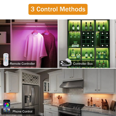 Three images of Six Pack RGB Under Cabinet Lights With Remote And App Control Dope Lighting for kitchen and closet use