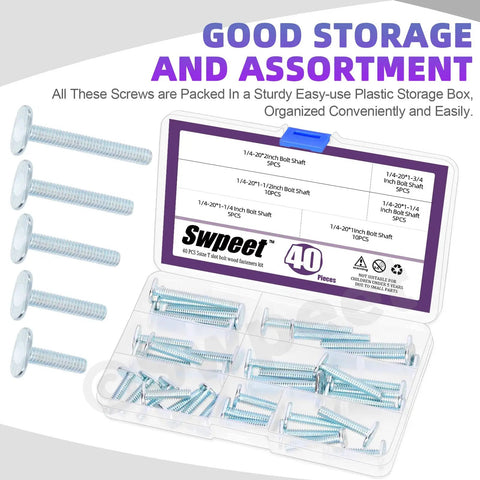 40 Piece T Track Bolts Set in Five Sizes 1/4-20 Through 2 Inches, displayed in clear storage box, silver tee bolts for DIY woodworking jigs