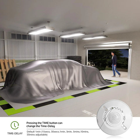 Low Voltage Ceiling Motion Sensor Occupancy Detector 360 Degree Field Of View High Sensitivity PIR 12V 24V 10A in a garage setting