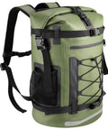 Side view of green 40L Waterproof Backpack Dry Bag for Hiking and Travel, showing straps and pockets, weatherproof outdoor gear.