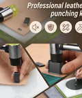 Close-up of 52 Shape Style Leather Hole Punch Kit with mat, nylon hammer, and pads for leather craft projects.
