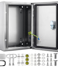 Heavy Duty 304 Stainless Steel Electrical Junction Box IP65 Waterproof Lockable Metal Enclosure For Indoor And Outdoor 14 By 10 By 6 Inch with accessories.