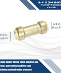 Front view of brass 3/4 in push-fit check valve for copper/PEX/CPVC plumbing