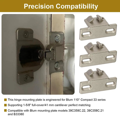 Pro Grade Three Pack Cabinet Hinge Mounting Plates Built For 1 5/8 Inch Overlay Doors featuring Blum 110 compact hinge compatibility.