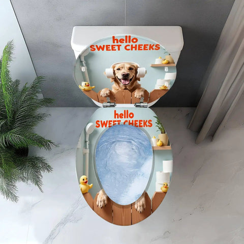 Elongated Toilet Seat for Bathroom Decor featuring a cute dog graphic with text, suitable for most toilet sizes.