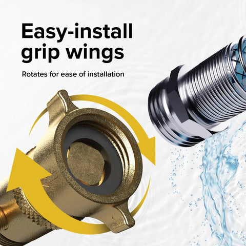 Front view of brass Camco RV water pressure regulator with grip wings and hose connection.