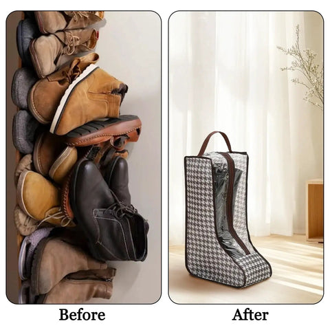 Before and after of boots stored with and without 2 Pack Portable Boot Storage Organizer Bags For Tall Boots, Dustproof Waterproof Travel Shoe Bags.
