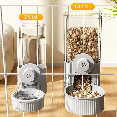 Cage Hanging Pet Bowl Gravity Water Dispenser For Dogs Cats Rabbits Kick Resistant Double Feeder Crate Kennel Food Bowls No Sweat Cleanup Top Shelf Hydration Spot Blue with 520ML water and 1200ML food containers.