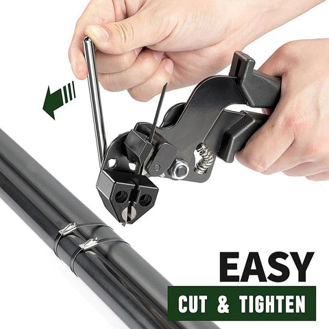 Stainless Steel Cable Tie Gun With 200 Heavy Duty 304 Stainless Zip Ties cutting black ties on a pipe