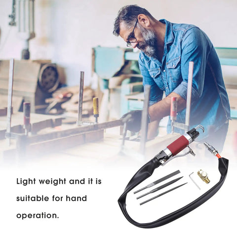 Premium 3400Rpm Air Body Saw File For Metal And Plastic Deburring With NonSlip Grip Plus Safety Actuator Reciprocating Pneumatic Tool in use.