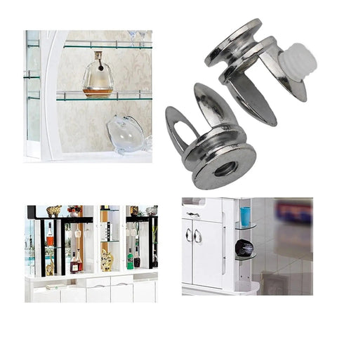 Heavy Duty Glass Shelf Clips, Adjustable Shelf Support Clamp Clips For 5mm To 8mm Glass, shown in use with bathroom cabinets.