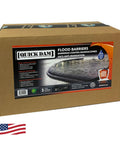 Box of Water Activated 17Ft Flood Barriers Sandless Self Inflating Absorbers, 5 Pack, with product label and American flag