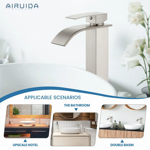Tall Vessel Sink Faucet With Waterfall Flow, Single Hole, Single Handle Mixer Tap For Bathroom Vanity, Brushed Nickel, Pop Up Drain