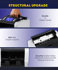 Close-up of Mixed Denomination Money Counter With Touchscreen Display; durable handle, 200+ bills capacity, smooth rollers