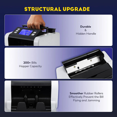 Close-up of Mixed Denomination Money Counter With Touchscreen Display; durable handle, 200+ bills capacity, smooth rollers