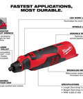Pro Grade M12 Cordless Brushless Rotary Tool With Snappy Variable Speed Dial And 12 Precision Settings delivering features and specifications.