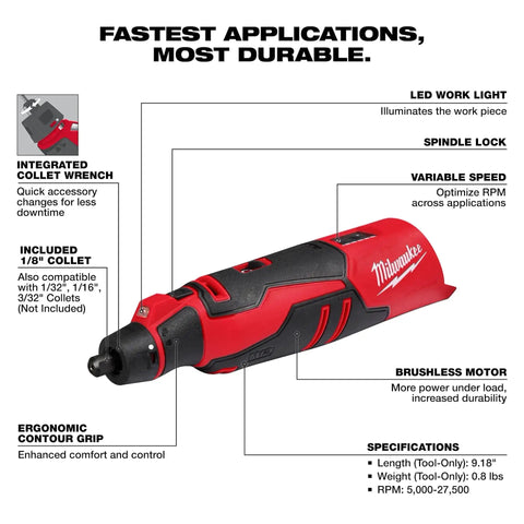 Pro Grade M12 Cordless Brushless Rotary Tool With Snappy Variable Speed Dial And 12 Precision Settings delivering features and specifications.