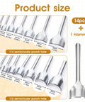 15 Piece Leather Corner Punch Set With Double Sided Rubber Hammer Half Round And Quarter Round Punches shown with size details