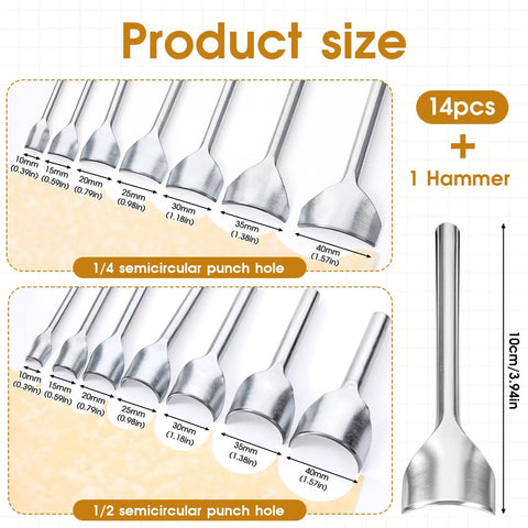 15 Piece Leather Corner Punch Set With Double Sided Rubber Hammer Half Round And Quarter Round Punches shown with size details