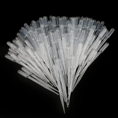 100 Pack 3ml Disposable Plastic Pipettes With Graduated Measurements For Science Labs And Home Experiments Ideal For Essential Oils Cosmetics Makeup Transfer DIY Projects Soft Polyethylene Droppers, clear on black
