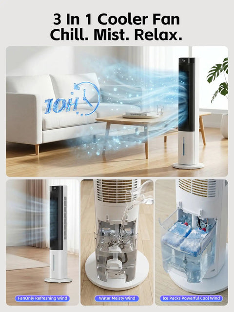 40 Inch Tower Portable Evaporative Cooler With Remote For Indoor Use, Windowless Swamp Cooler showing cooling functions.