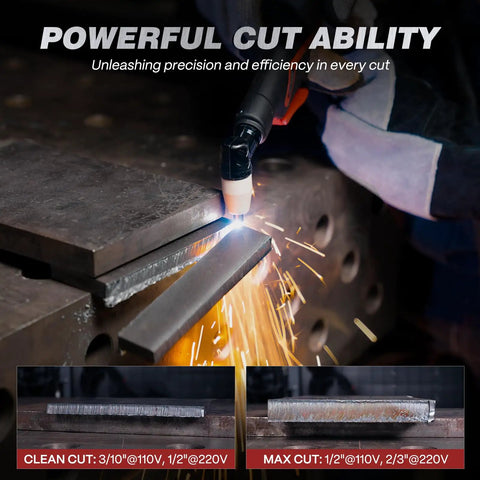 Dual Voltage Plasma Cutter 50 Amp With Large LED Display 110 220V IGBT Inverter cutting steel with sparks visible