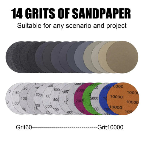 Three Inch Sanding Discs Kit, 30 Piece Set With 14 Grits From 60 Through 10000, Silicon Carbide On Hook And Loop Backing