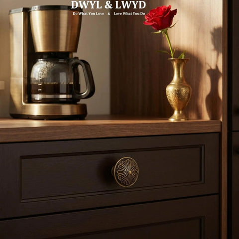 Old School Brass Cabinet Knob Set, Solid Zinc Alloy 1.4 Inch Round Handles on drawer with coffee maker and vase
