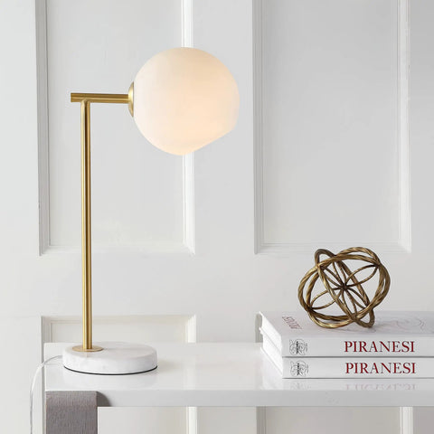 Gold And White Modern Metal Marble LED Bedside Lamp With Frosted Glass Globe Shade Sleek Minimalist Scandinavian Style For Bedroom And Living Room Includes Energy Saving LED Bulbs ETL Listed