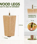 Four Point Five Inch Square Wood Furniture Legs Set Of Four With Adjustable Levelers Tapered Rubber Wood for Couch Bench