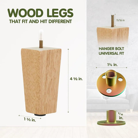 Four Point Five Inch Square Wood Furniture Legs Set Of Four With Adjustable Levelers Tapered Rubber Wood for Couch Bench