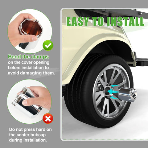 Installing Chrome Universal Golf Cart Wheel Center Cap Covers 4 Pack With SS Logo, easy install instructions shown