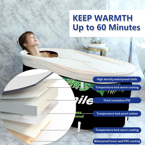 Portable Folding Japanese Soaking Tub For Adults With Cover, showing insulation layers and a woman soaking, freestanding home spa bath