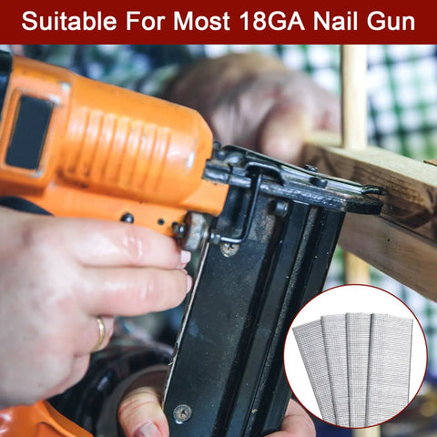Premium Quality Heavy Duty 18 Gauge Brad Nails 1-1/4 Inch Zinc Galvanized with pneumatic nail gun in use.